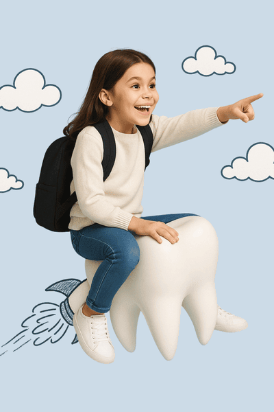 Child sitting on a giant tooth prop — fun orthodontic experience in Vancouver